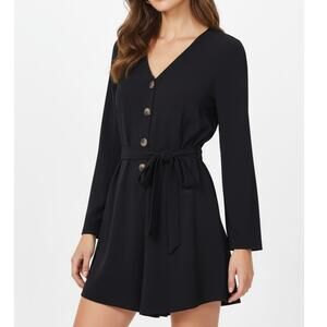 Entro Black Romper Women’s S Button Front Tie Waist 3/4 Sleeve One Piece Casual